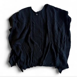 Black Textured Knit Blanket Shawl Wrap Open Front Vertical Stripe Poncho CoverUp